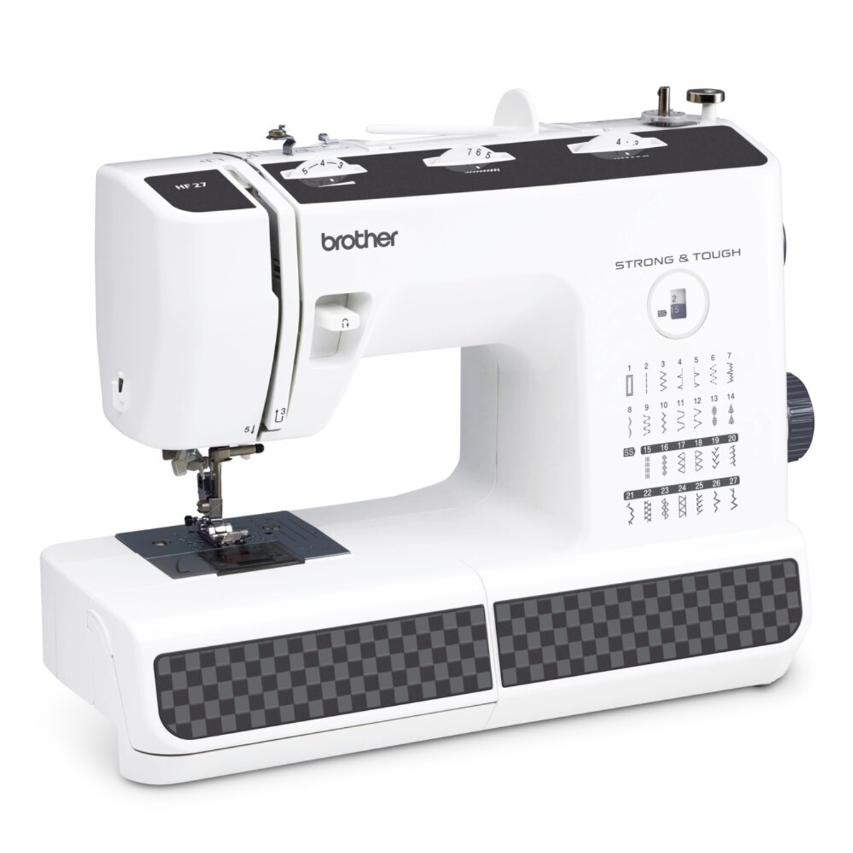 Biała maszyna do szycia Brother. Posiada różne ustawienia, czarne i szachownicowe detale oraz logo Brother.