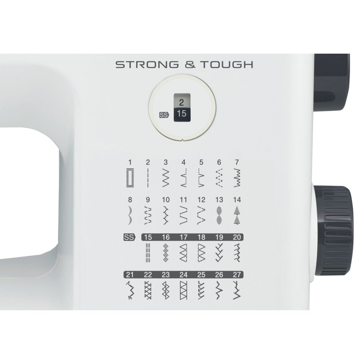 Zbliżenie panelu sterowania maszyny do szycia z różnymi wzorami ściegów i ustawieniami.