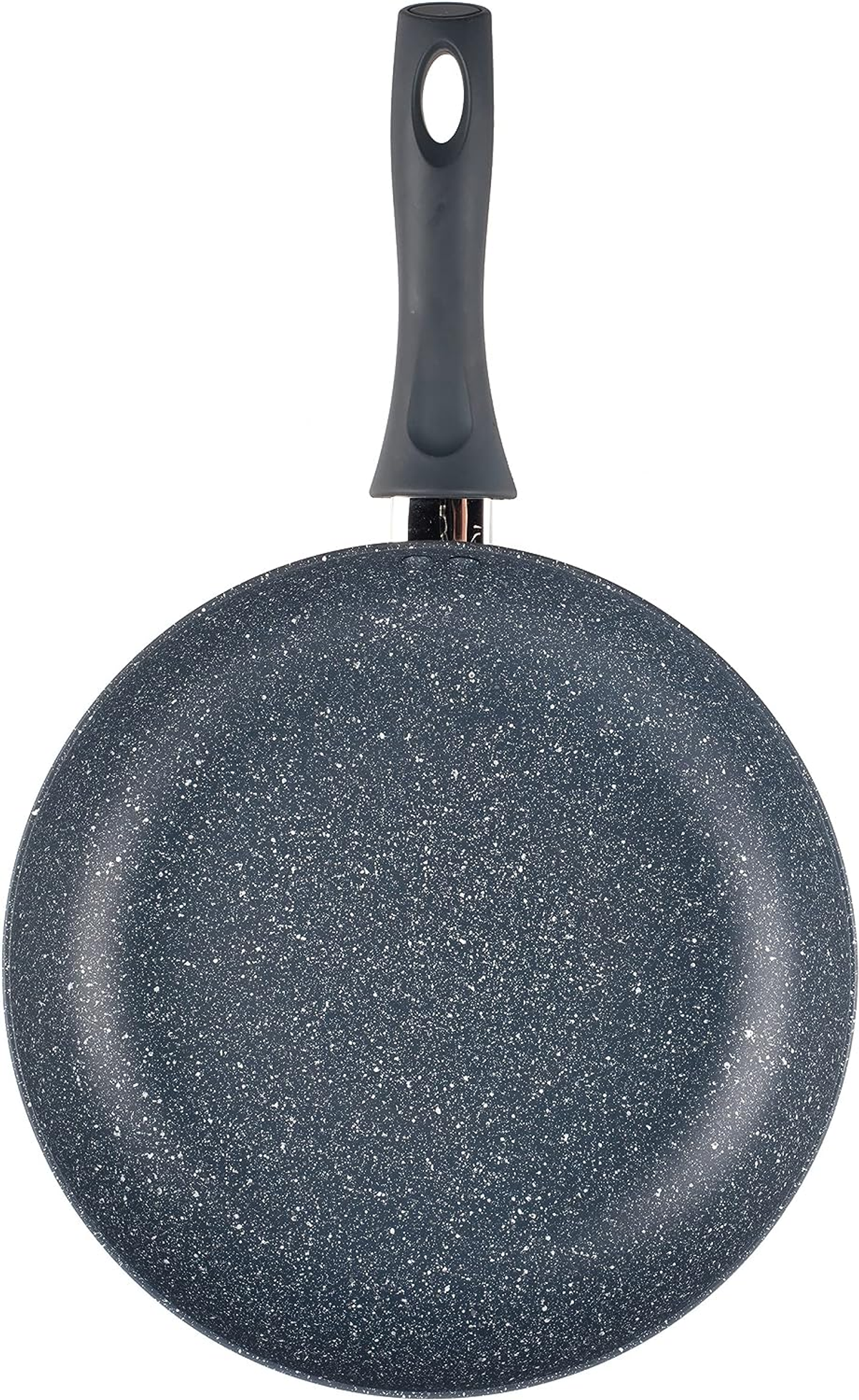 Eine dunkelgrau gesprenkelte Wok-Pfanne mit grauem Griff, von oben gesehen, isoliert auf weißem Hintergrund.
