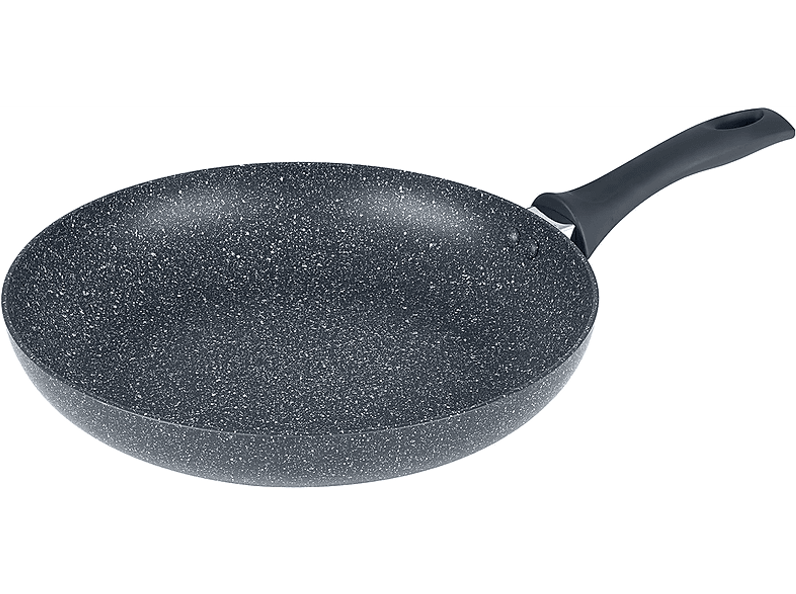 Eine schwarze, gesprenkelte Bratpfanne mit schwarzem Griff.