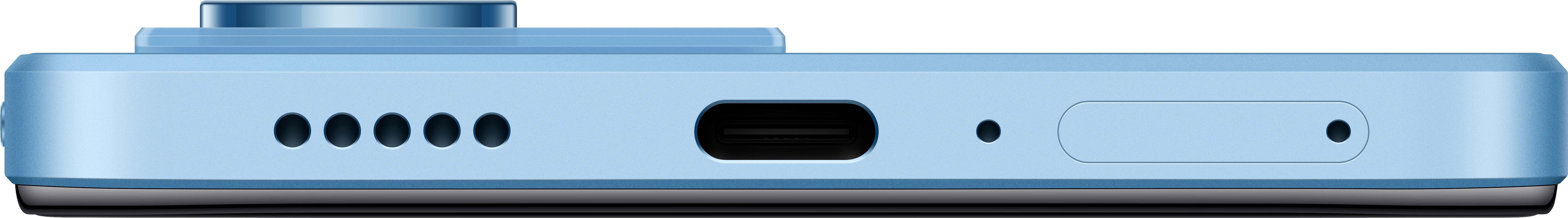 Blauwe telefoon onderkant met luidsprekergaten, een oplaadpoort en een microfoon.