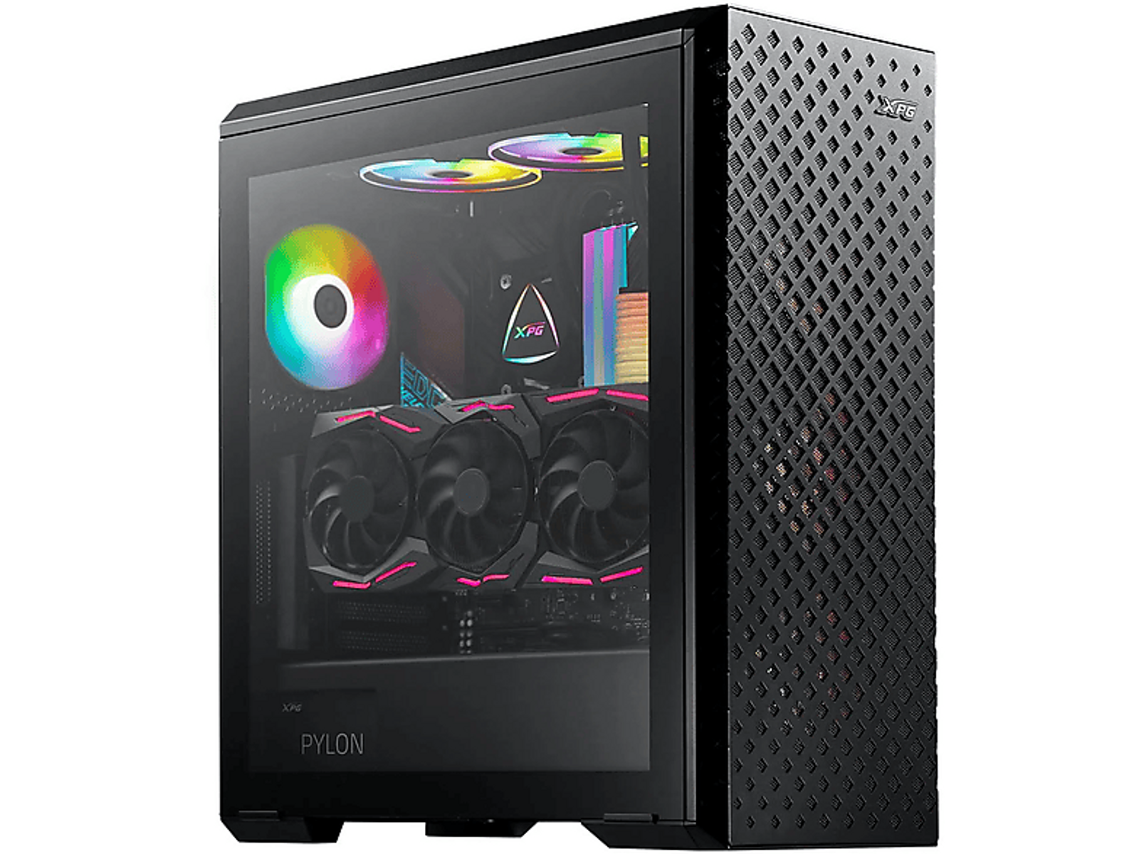 Een zwarte computerkast met een glazen zijpaneel. Toont interne componenten en heeft een XPG-logo.
