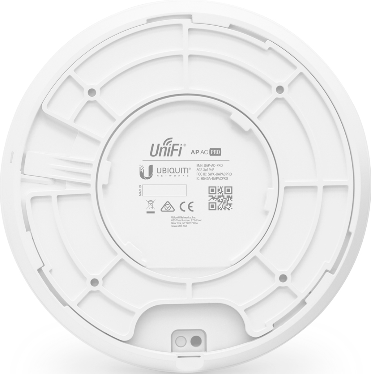 Biały punkt dostępowy Unifi, widok od dołu. Widoczny tekst Unifi i Ubiquiti oraz porty.