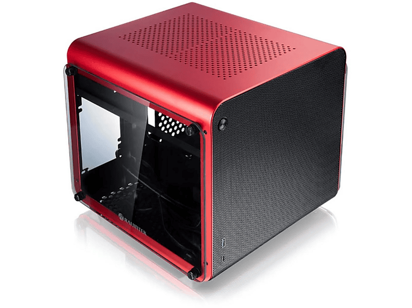 Case per computer rosso con pannello laterale in vetro. Il case è su una superficie bianca.
