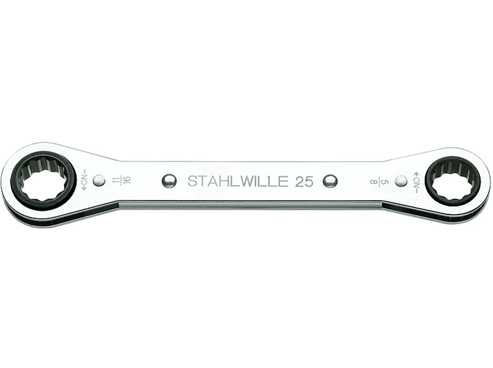 Silberner Stahlwille 25 Schraubenschlüssel. Text Stahlwille 25. Zwei offene Enden in verschiedenen Größen.