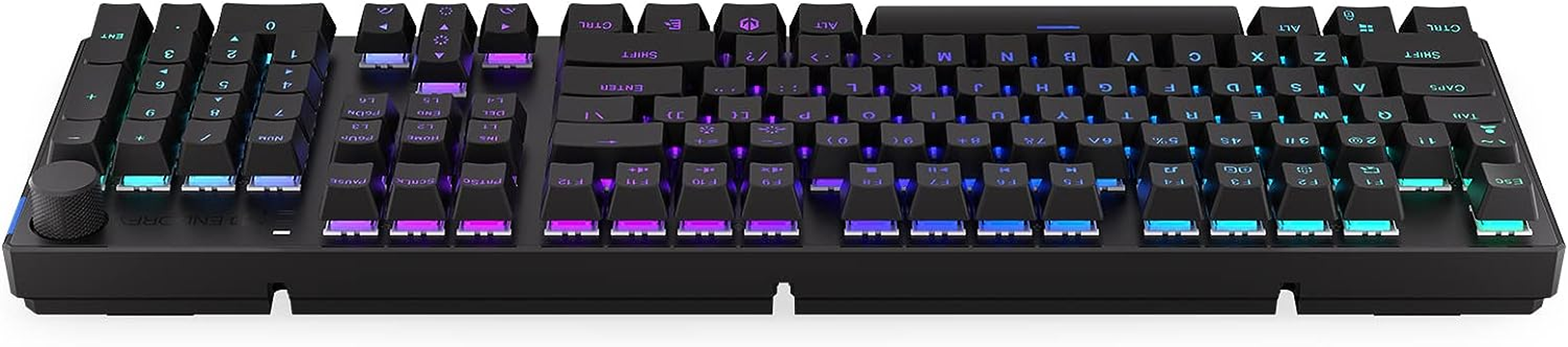 Czarna klawiatura z podświetlanymi na tęczowo klawiszami i pokrętłem. Standardowy układ.