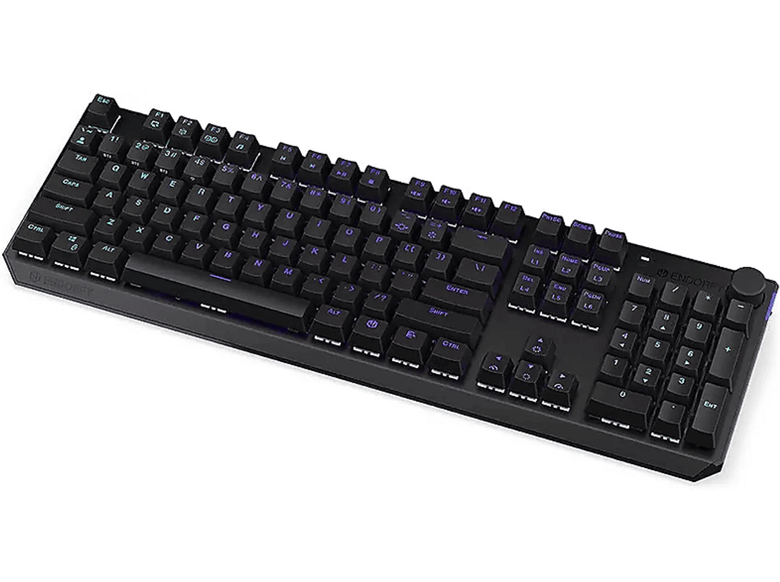 Czarna klawiatura z fioletowo podświetlanymi klawiszami i pokrętłem.