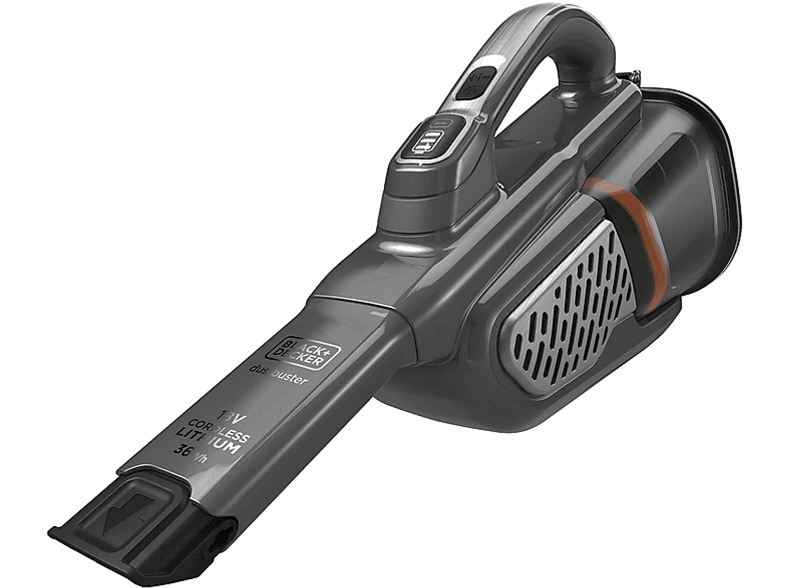 Czarno-szary bezprzewodowy odkurzacz ręczny z uchwytem i czarną dyszą.