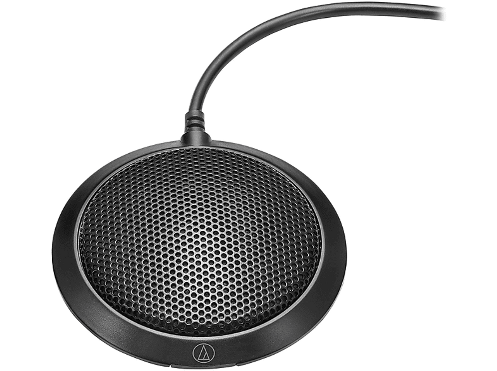 Schwarzes rundes Mikrofon mit einem Mesh-Grill.