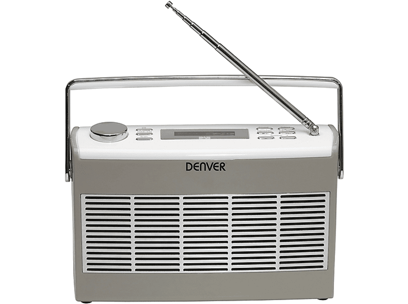 Radio Denver gris y blanco con antena extendida. Mango y dial plateados. Fondo blanco.
