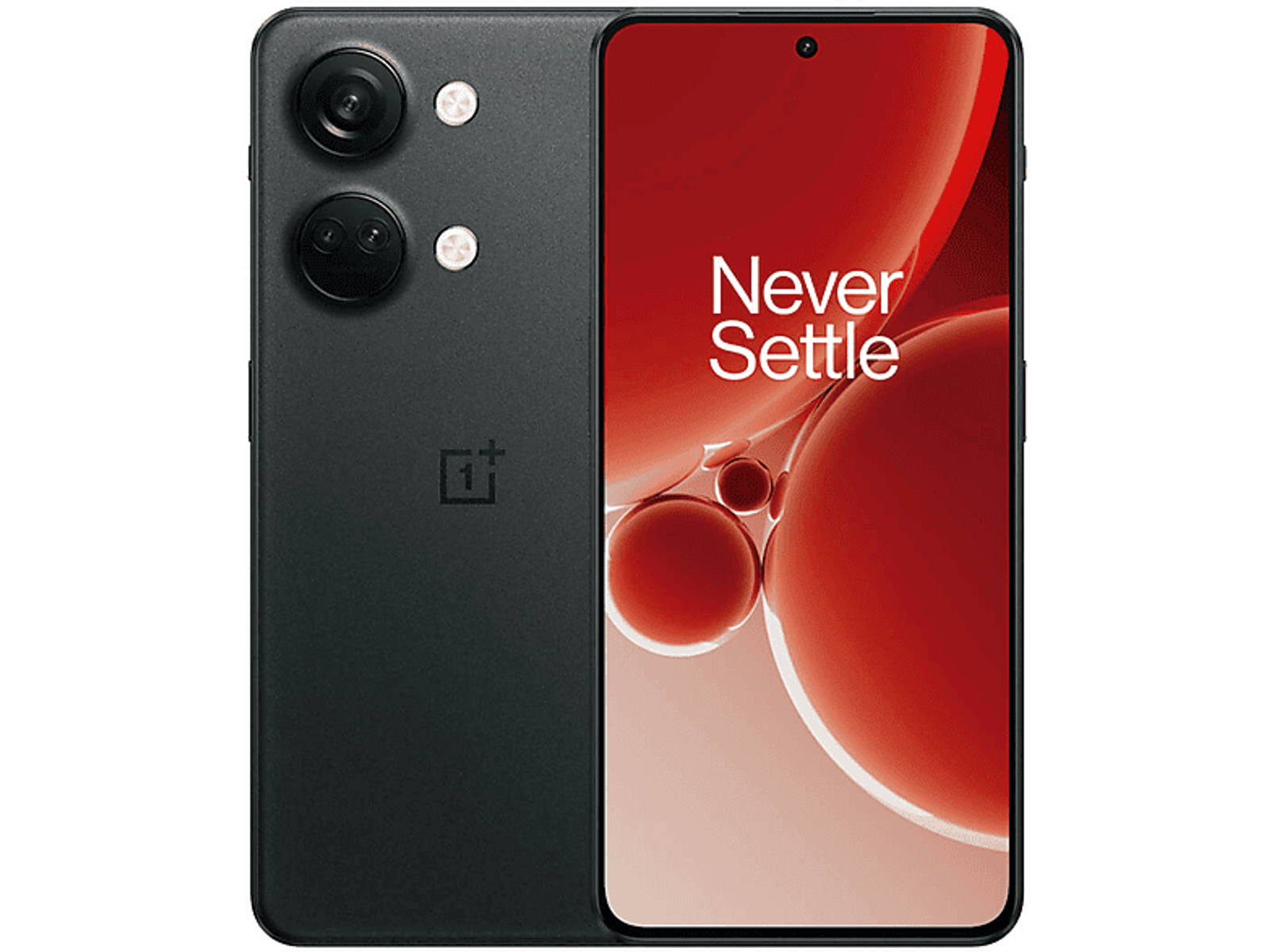 Schwarzes OnePlus-Handy mit roter Rückseite, zwei Kameras und 'Never Settle'.