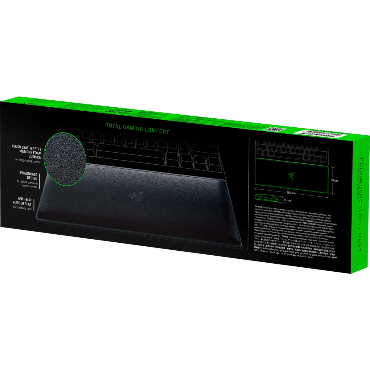 Razer-Tastatur mit Handballenauflage in einer grün-schwarzen Box, weißer Hintergrund.