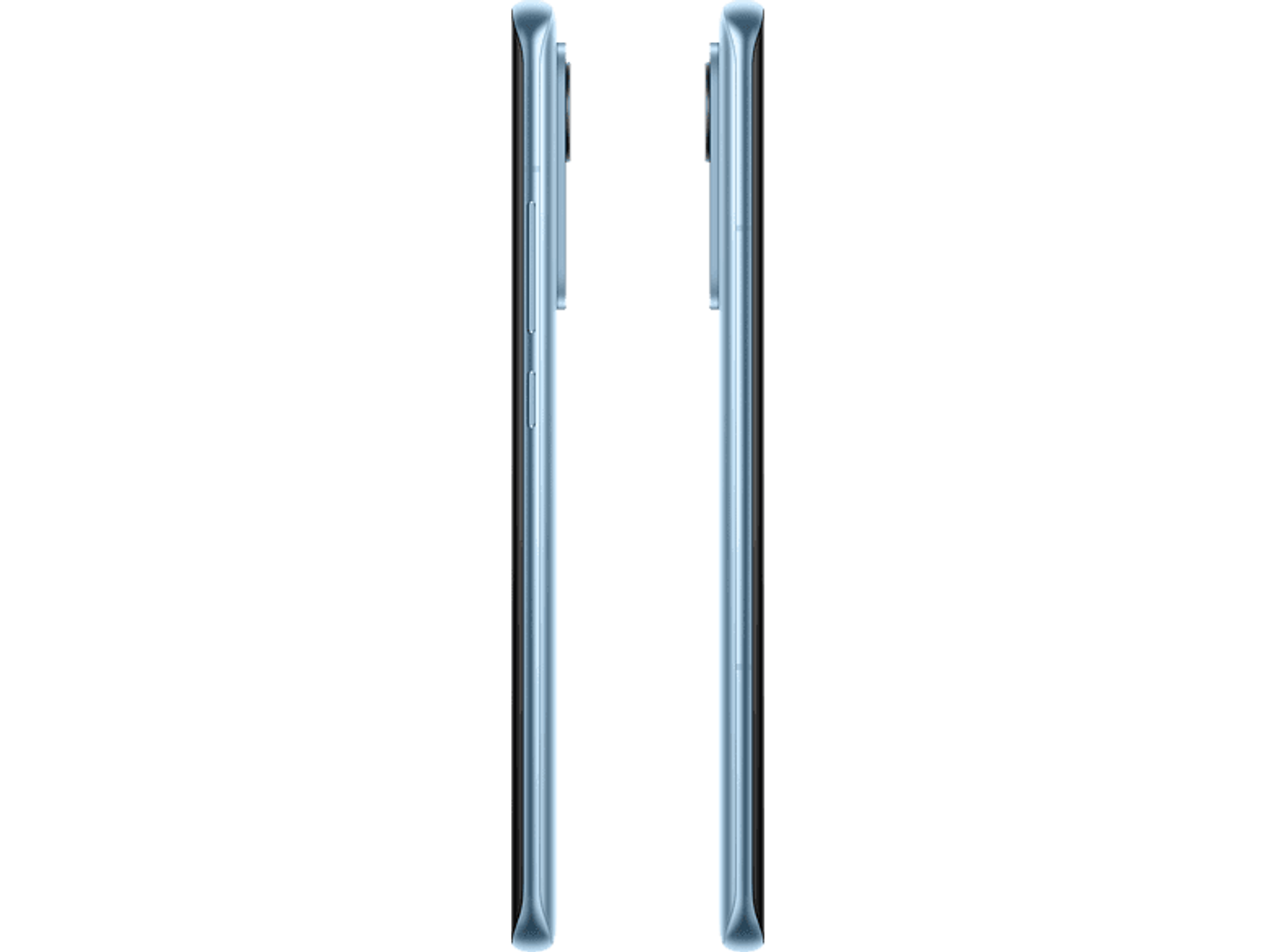 Dwa jasnoniebieskie smartfony z boku, pokazujące krawędź i przyciski.
