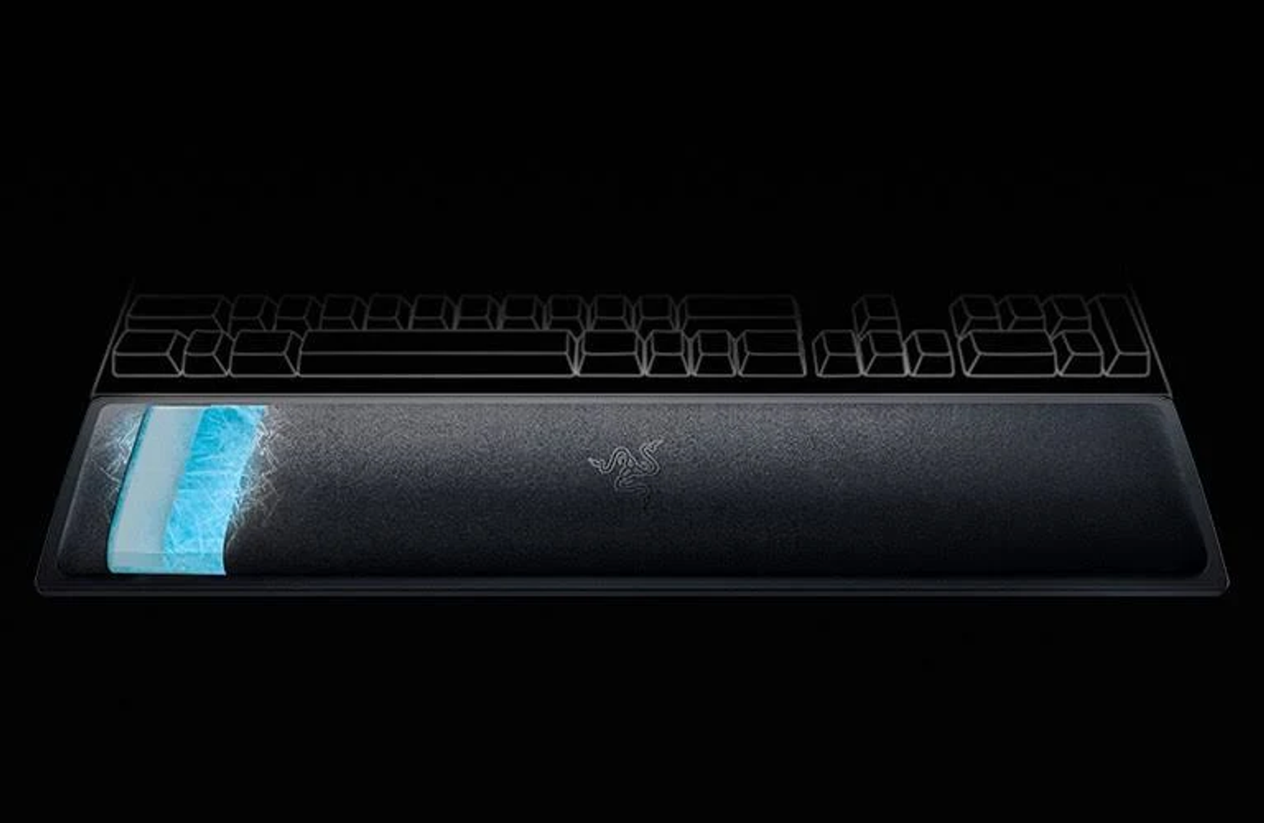 Schwarze Handgelenkauflage mit blauem Licht, auf schwarzem Hintergrund. Razer-Logo.