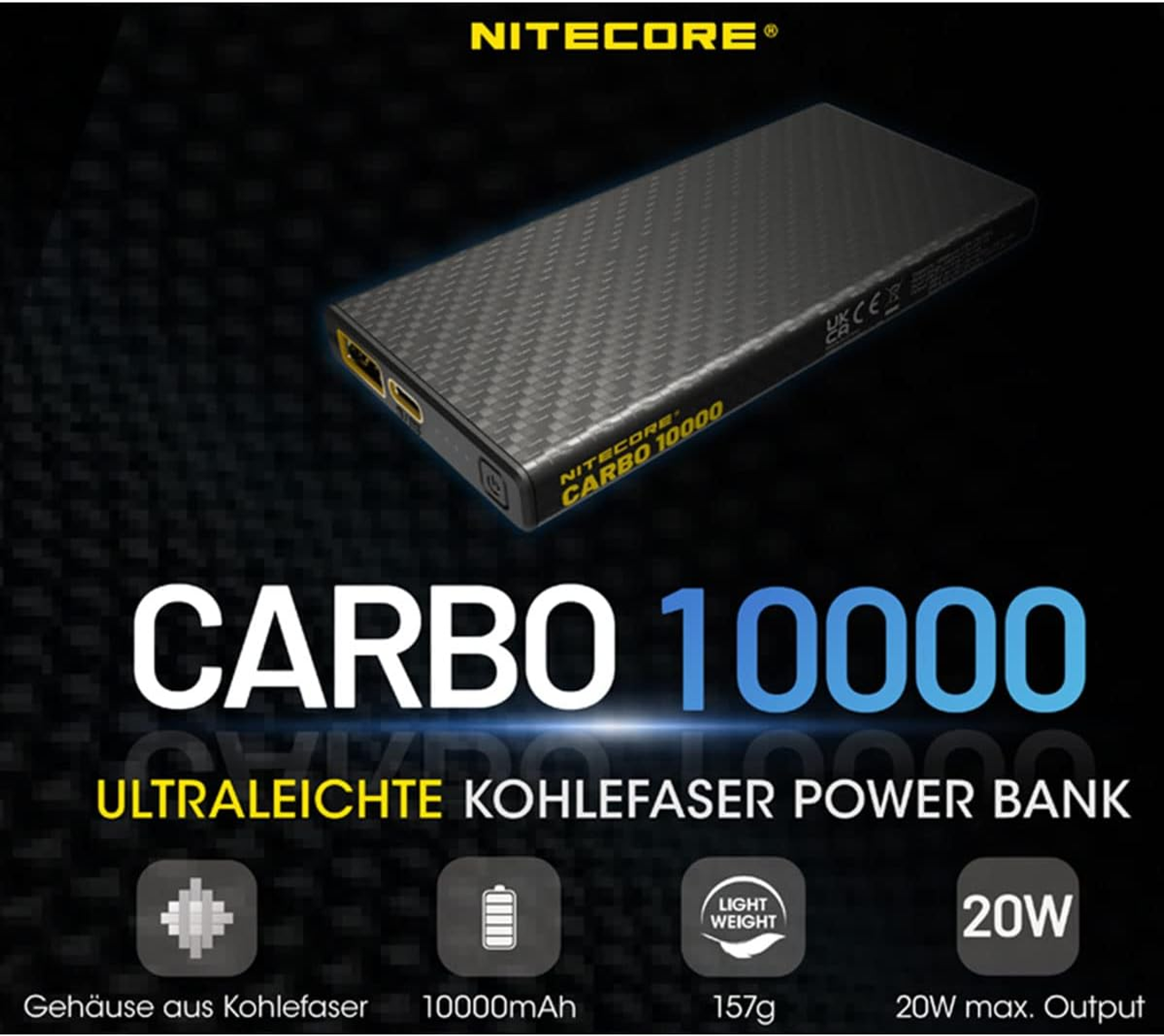 Eine schwarze Powerbank mit Text: CARBO 10000, ultraleicht und 20 W max. Ausgangsleistung.