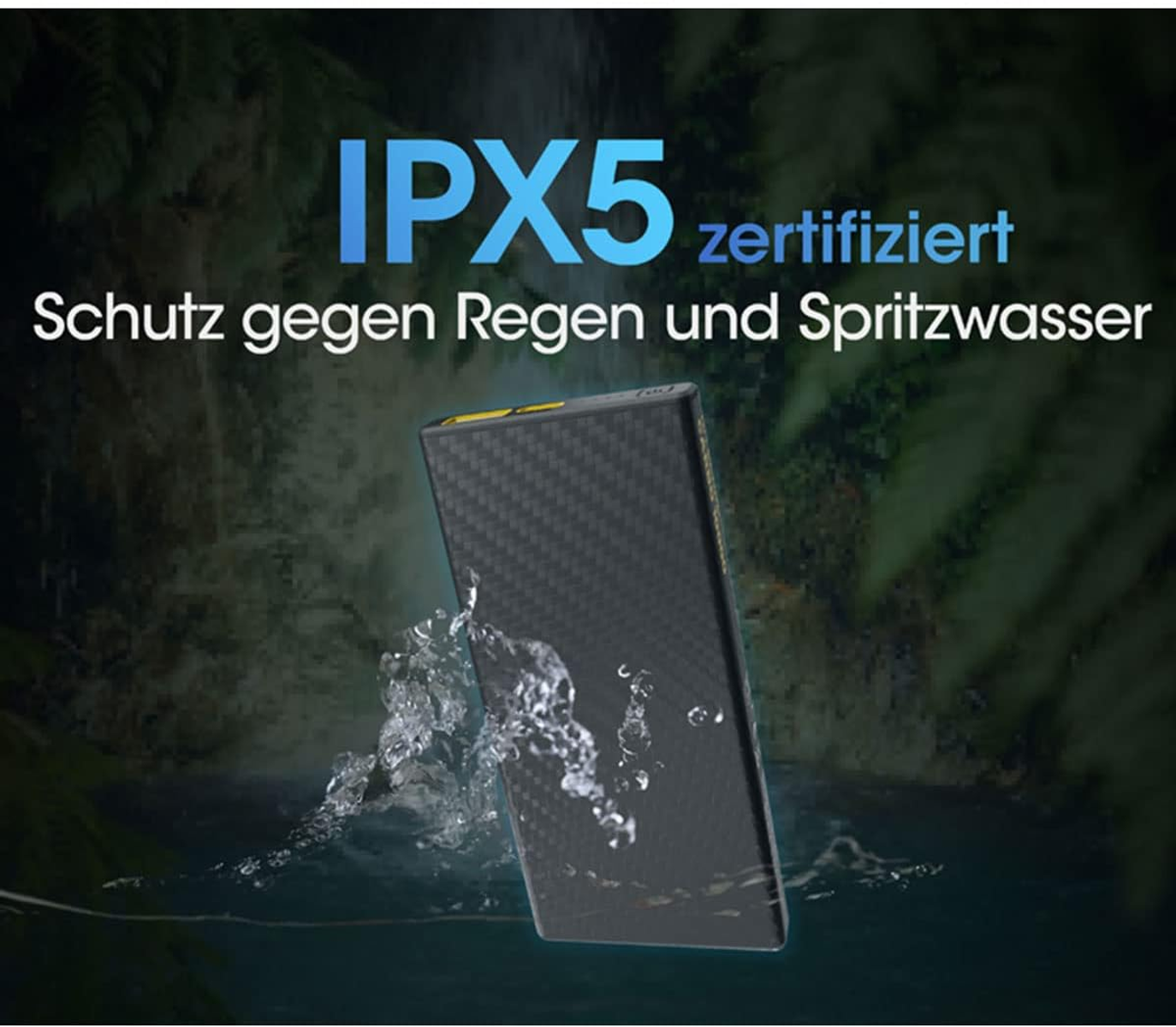 Schwarzes Gerät mit Wasserspritzern und dem Text 'IPX5 zertifiziert'.