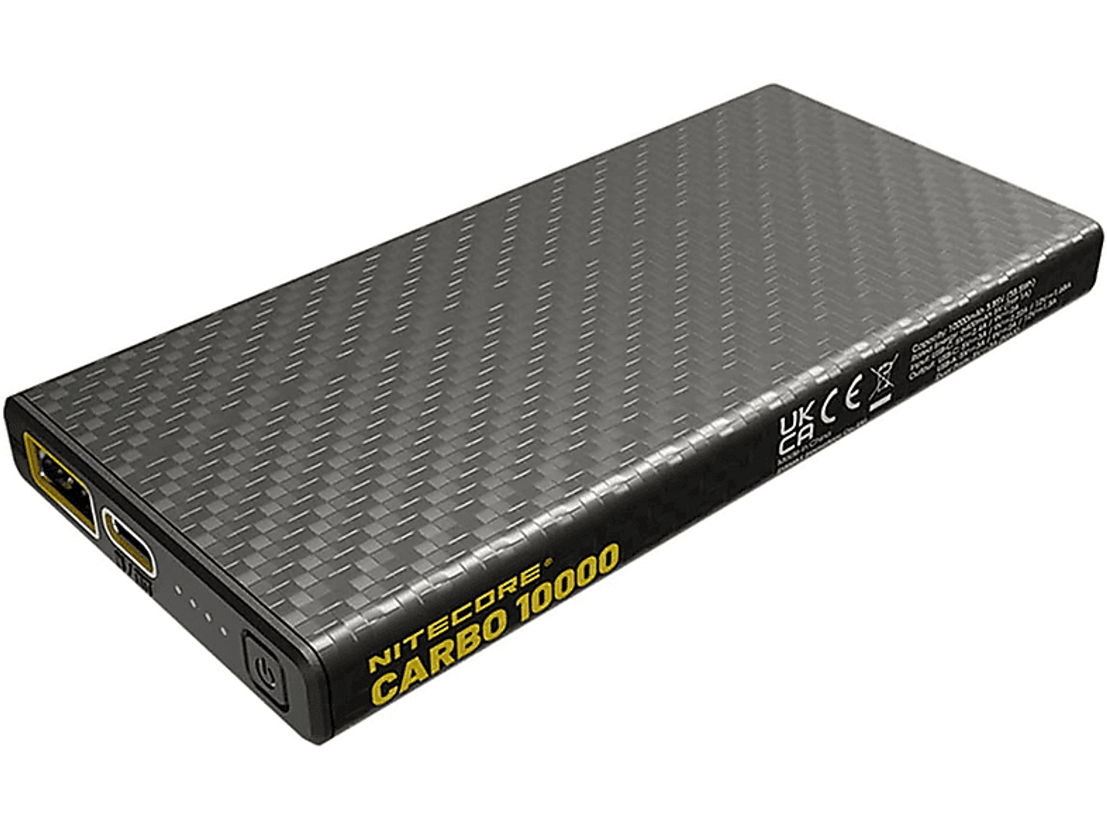 Schwarze Nitecore Carbo 10000 Powerbank. Kohlefasertextur mit Ein/Aus-Taste und Anschlüssen.