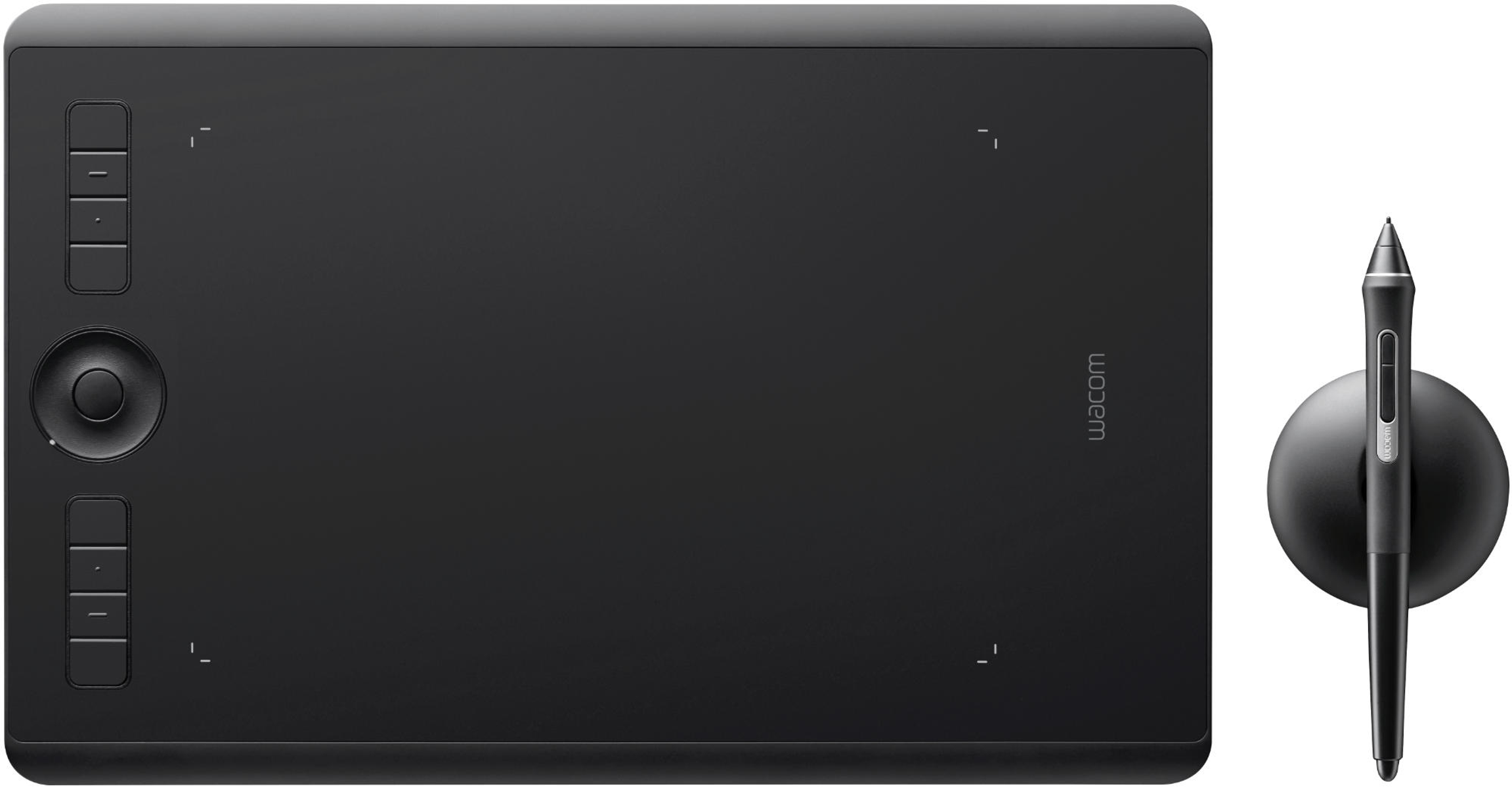 Schwarzes Wacom-Zeichentablett mit Stift und Stifthalter, von oben betrachtet.