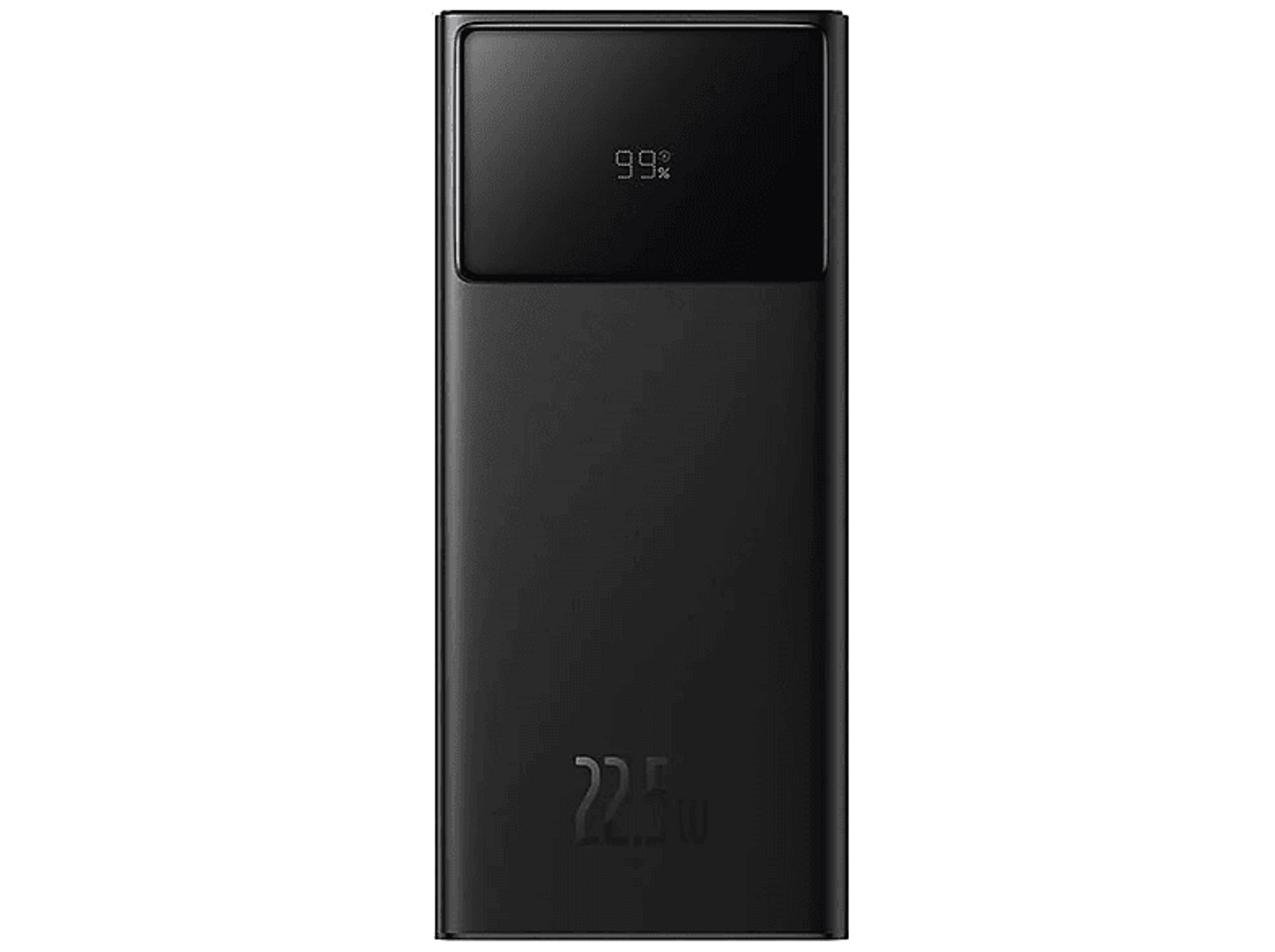 Schwarze Powerbank mit einem Display, das 99 % Ladung und den Text '22,5 W' anzeigt. Es hat ein schlankes, mattes Finish.