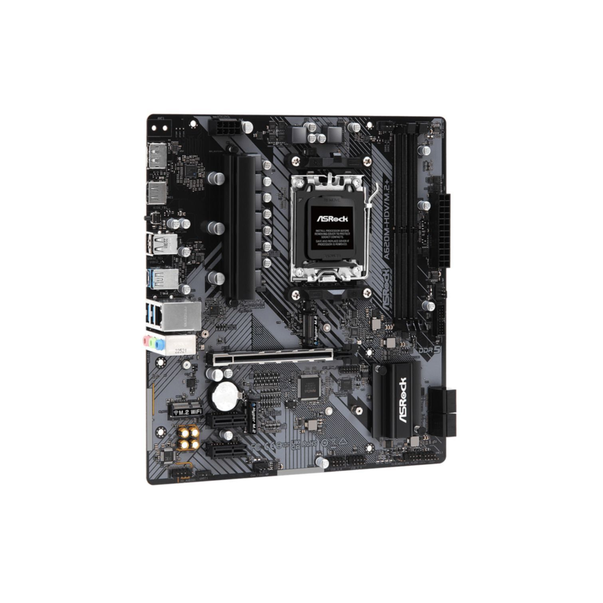 Scheda madre ASRock nera e grigia con vari componenti e il logo ASRock.