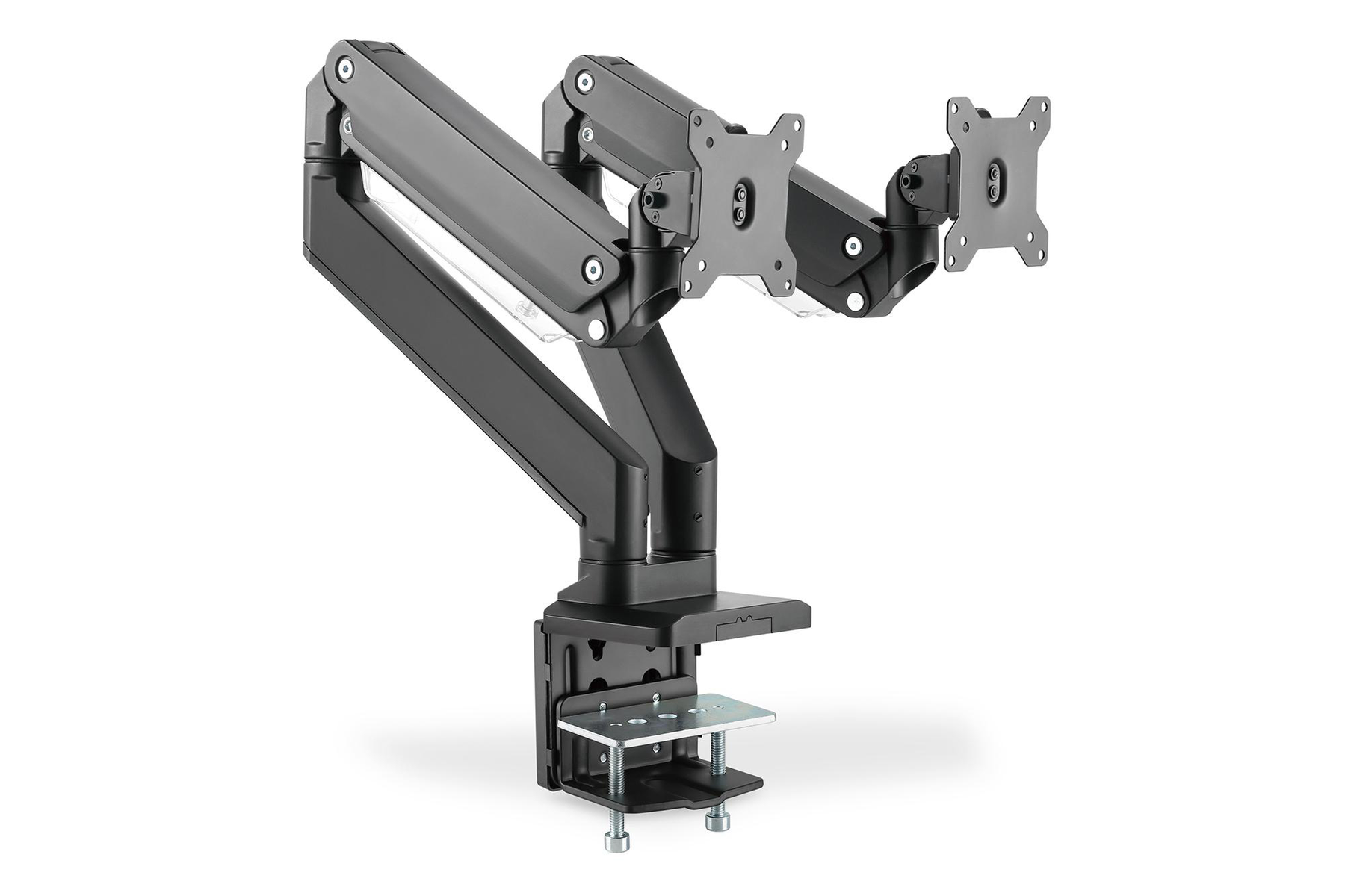 Ein Doppel-Monitorarm mit zwei daran befestigten Monitoren.