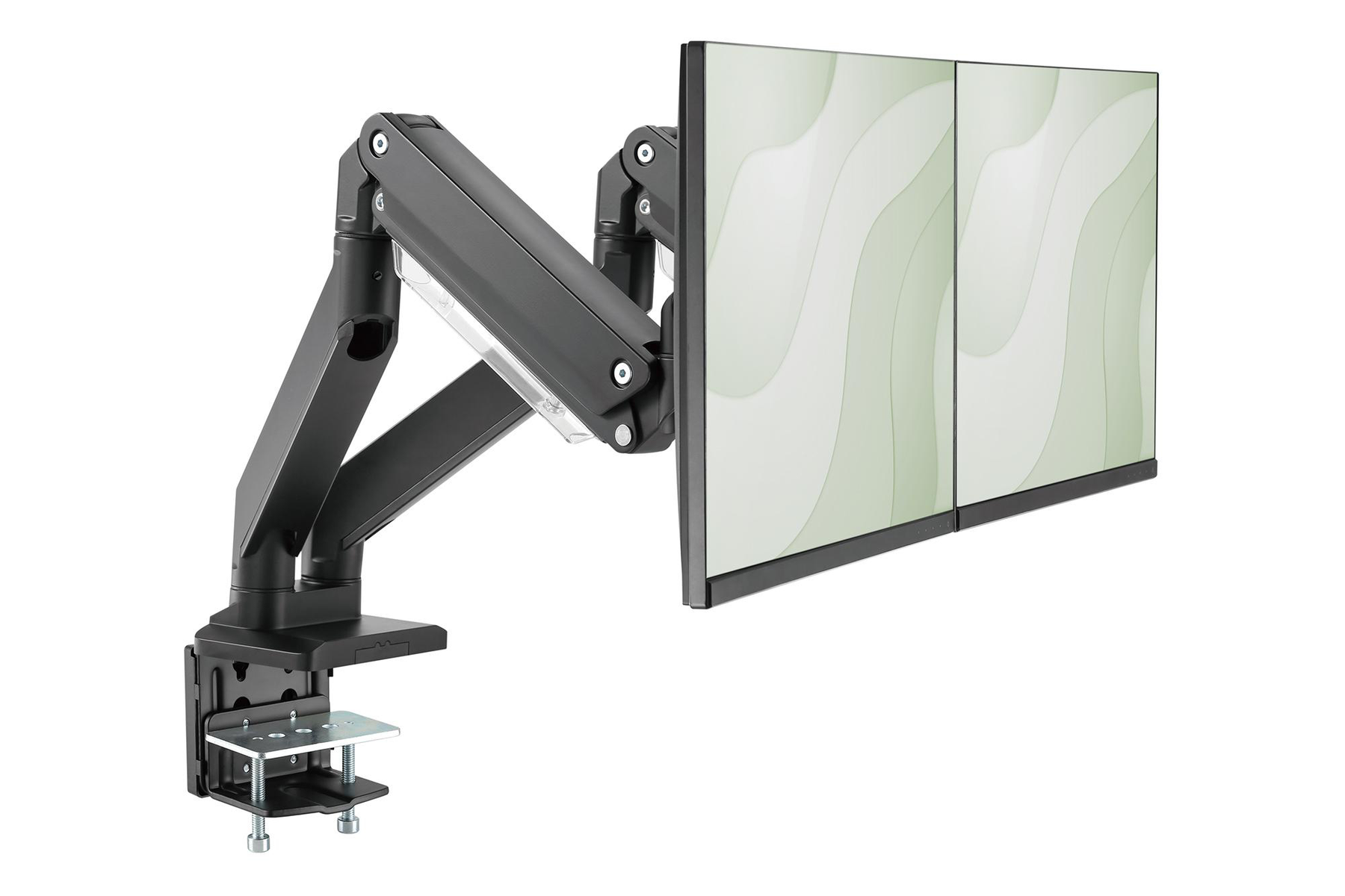 Doppelmonitorarm mit zwei angeschlossenen Monitoren. Schwarz, mit silberner Basis.