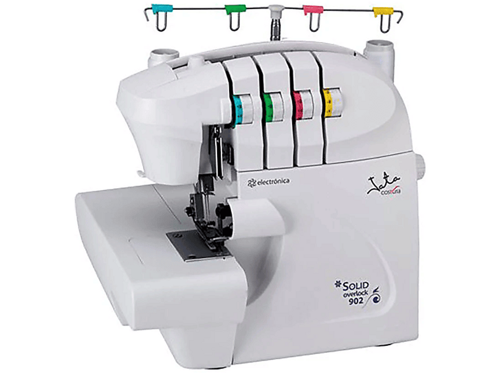 Biała owerlok z wieloma kolorowymi szpulkami nici.