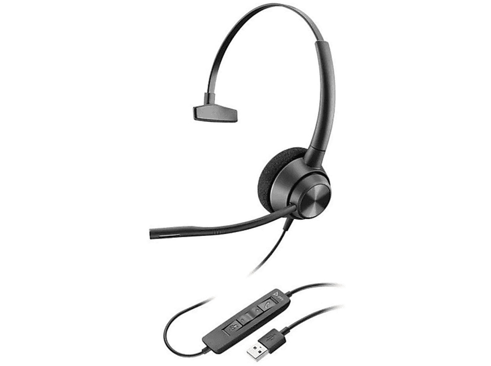 Czarny zestaw słuchawkowy z mikrofonem i złączem USB, na białym tle.