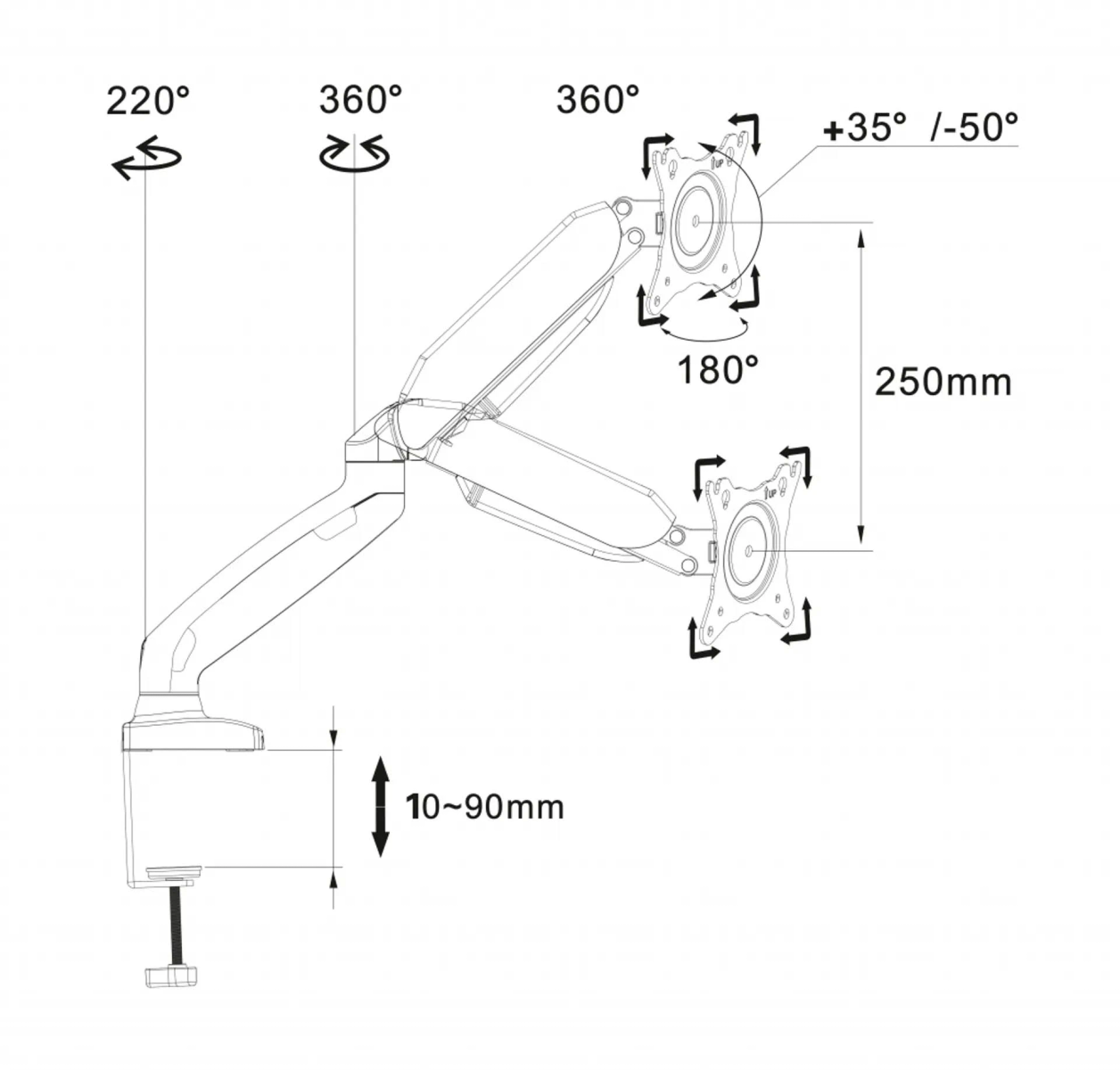 Bras de moniteur avec mesures et angles. Monté sur fond blanc.
