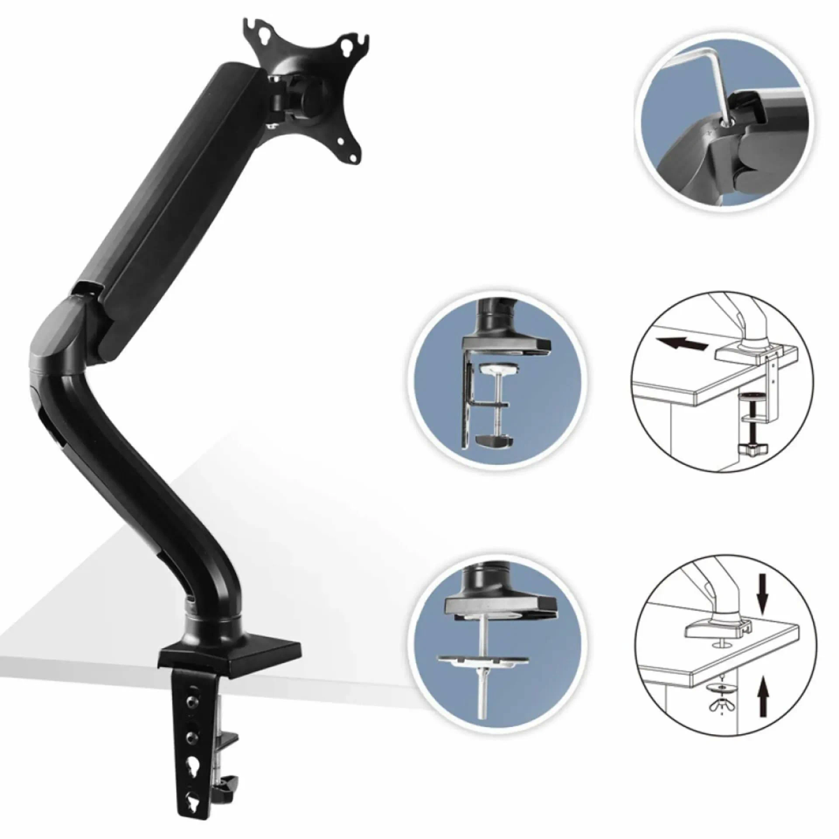 Bras de moniteur noir avec des schémas circulaires illustrant ses ajustements.