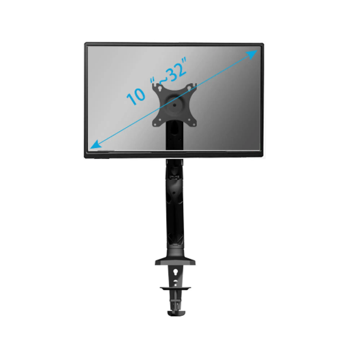 Een monitorstandaard met een aangesloten monitor. Het scherm toont een grijze gradiënt. Tekst: 10''-32''.