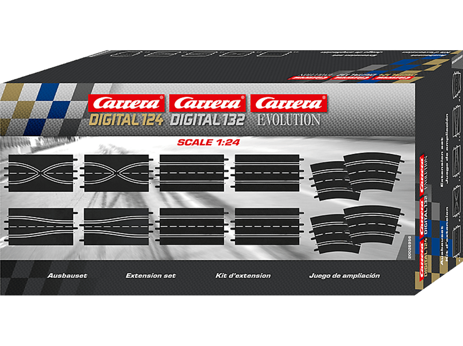 Carrera Digital 124/132 Streckenerweiterungsset-Box mit verschiedenen Streckenteilen. Schwarze Strecken, weiße Linien.