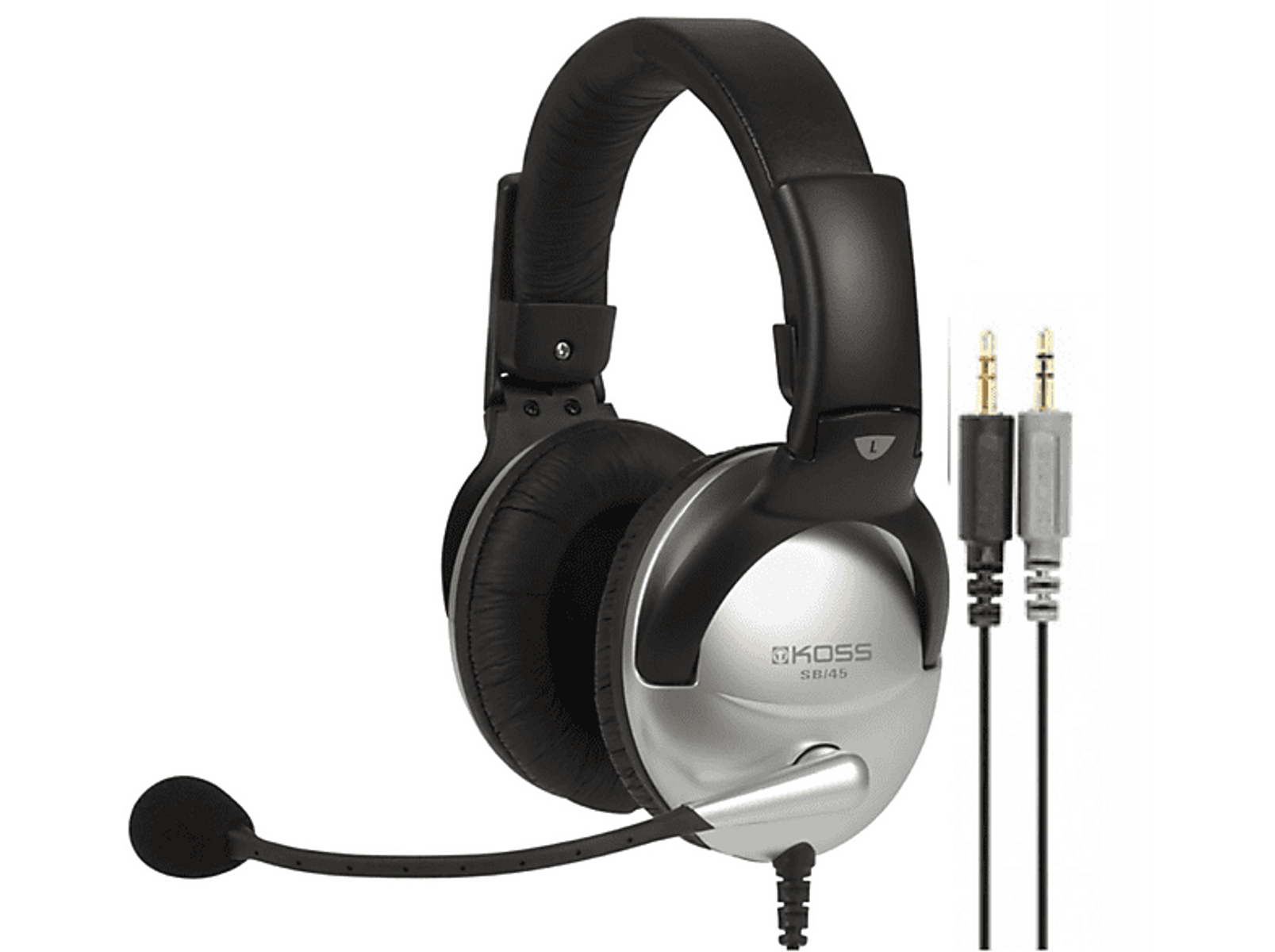 Auriculares de diadema con copa plateada, diadema negra y micrófono adjunto, con dos cables.