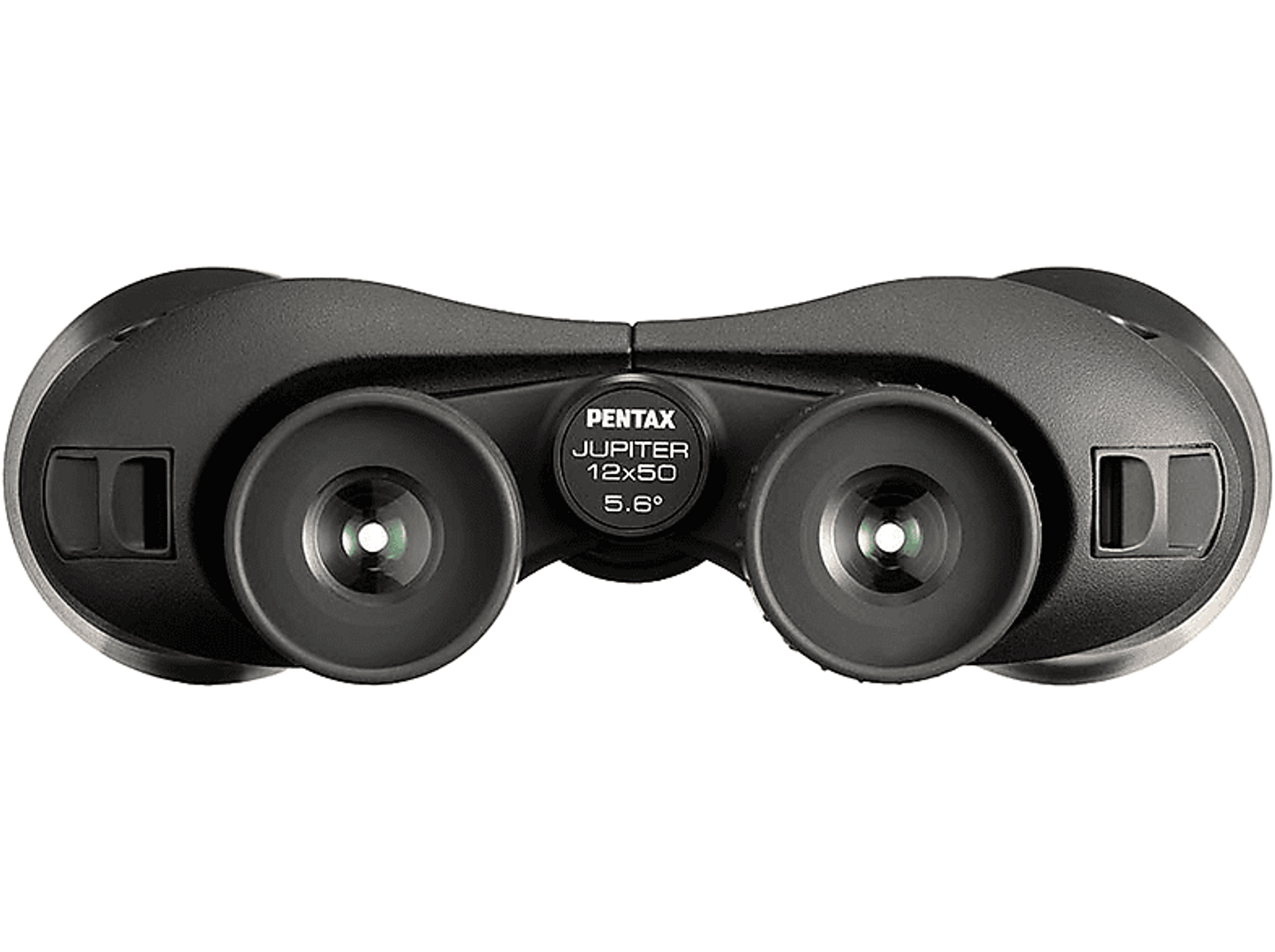 Czarna lornetka Pentax Jupiter. Tekst Pentax i Jupiter. Czarne tło.