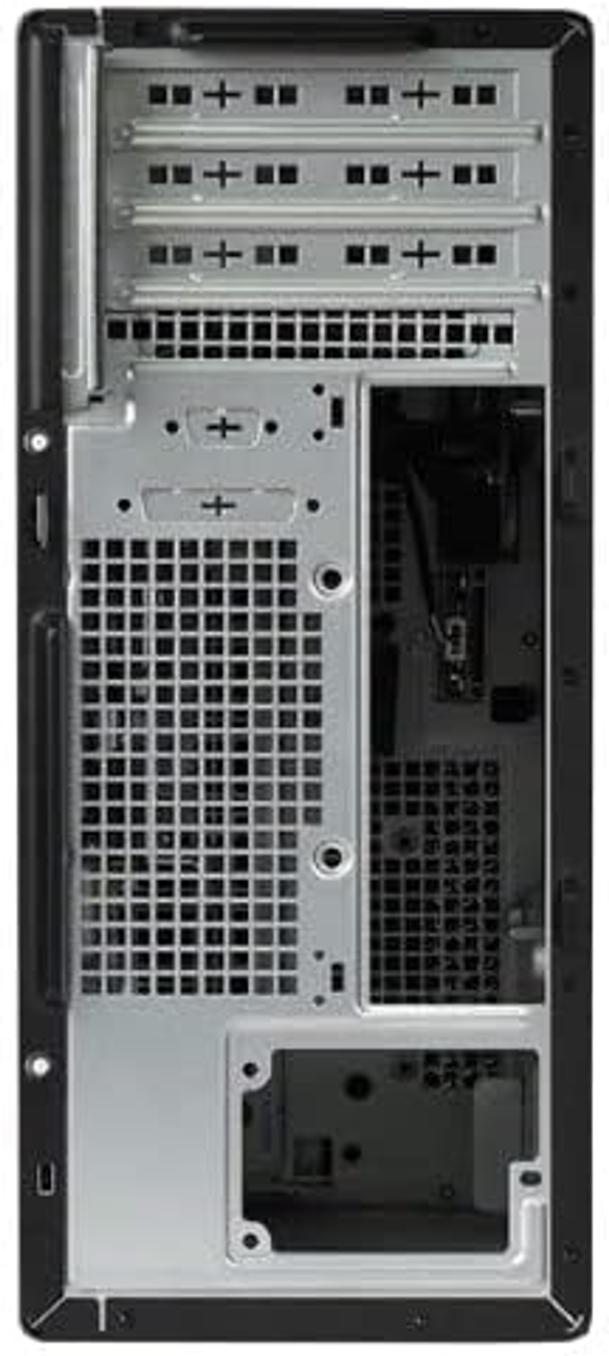Widok z tyłu obudowy komputera. Posiada metalową kratkę i różne porty. Jest ciemny.