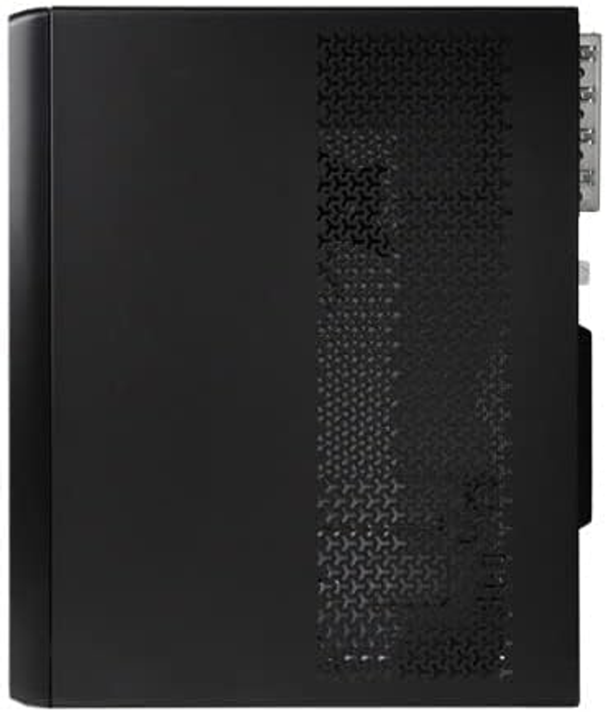 Czarna obudowa komputera, widok z boku. Posiada siatkowy panel boczny do wentylacji.