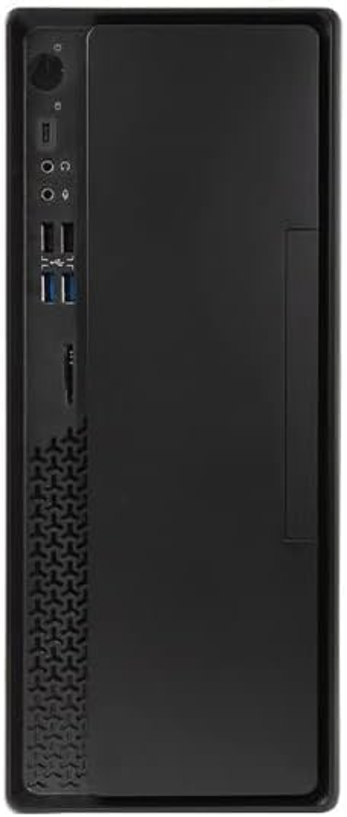 Czarna obudowa komputera z przednim panelem i portami.