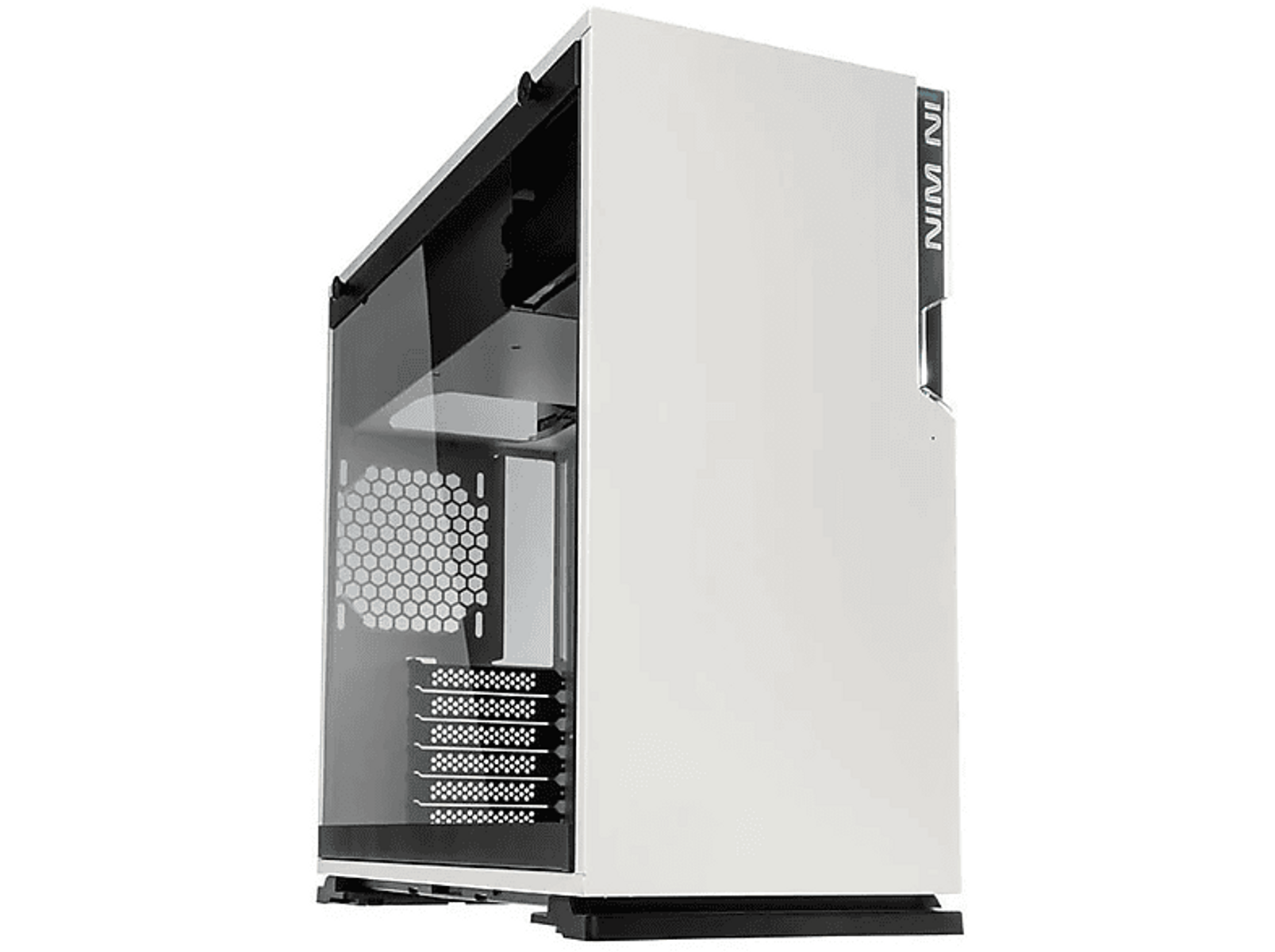 Biała obudowa komputera ze szklanym panelem bocznym, czarnymi akcentami i logo In Win.