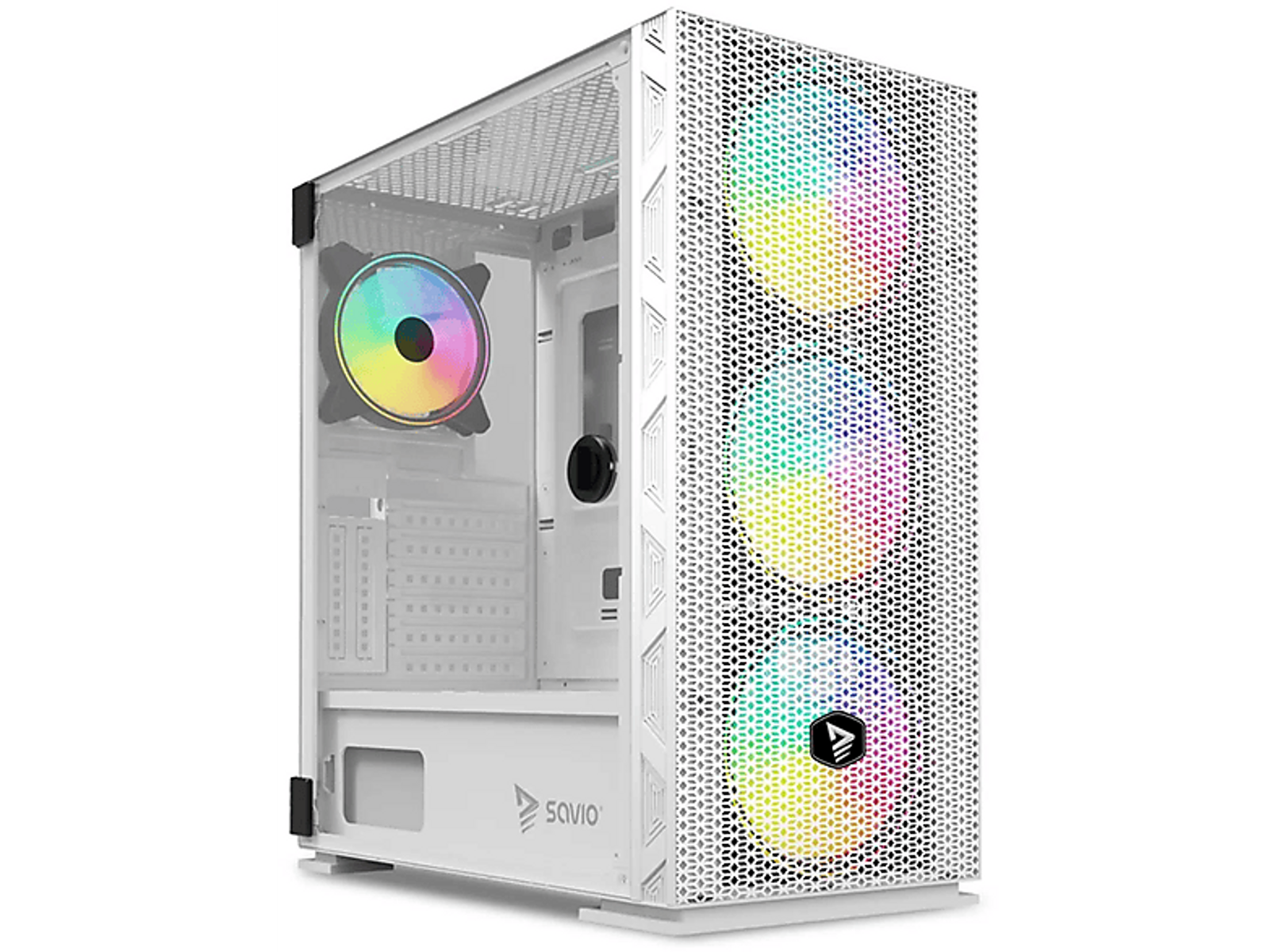 Biała obudowa komputera z wentylatorami RGB. Przód ma siatkową konstrukcję. Bok ma szklany panel.