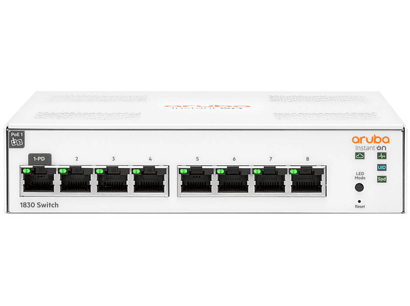 Ein Aruba 1830 Switch. Er hat mehrere Anschlüsse und Kontrollleuchten auf der Vorderseite.