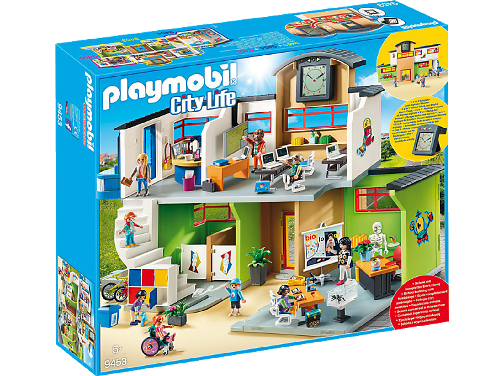 Set scolastico Playmobil City Life in una scatola, con personaggi ed edificio scolastico visibili.