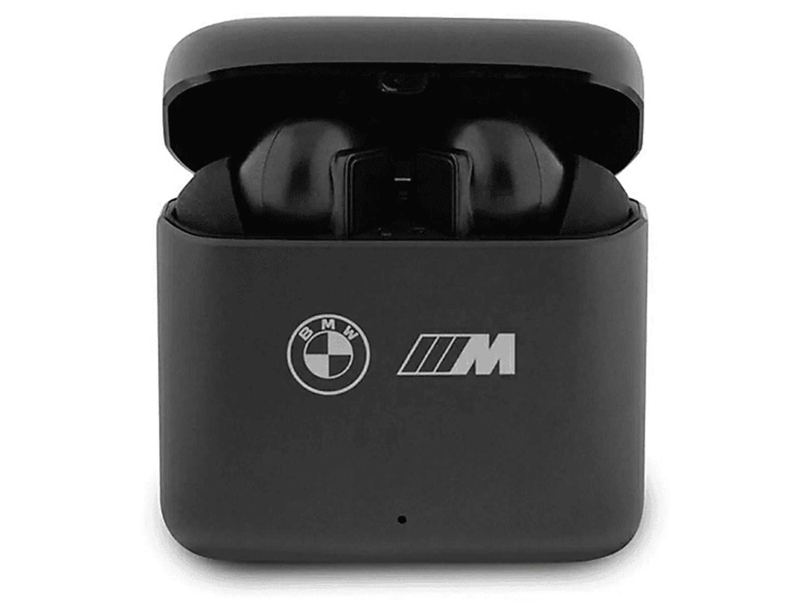 Schwarzes BMW-Kopfhörer-Etui, geöffnet, um die Kopfhörer zu zeigen. BMW- und M-Logo auf dem Etui.