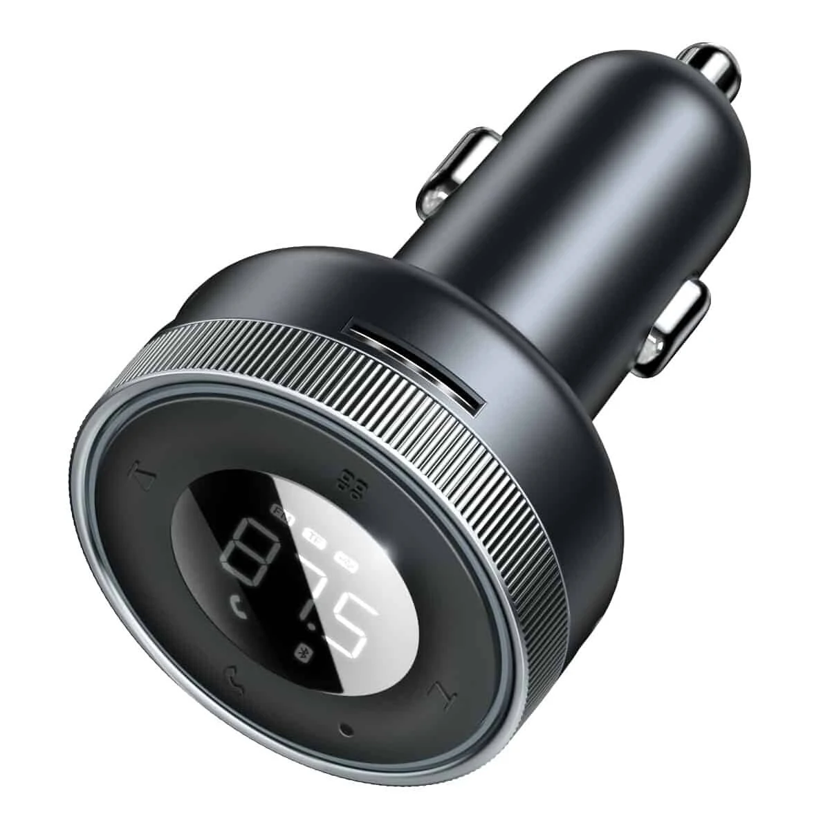 Czarna ładowarka samochodowa z cyfrowym wyświetlaczem pokazującym 89,5 i portem USB.