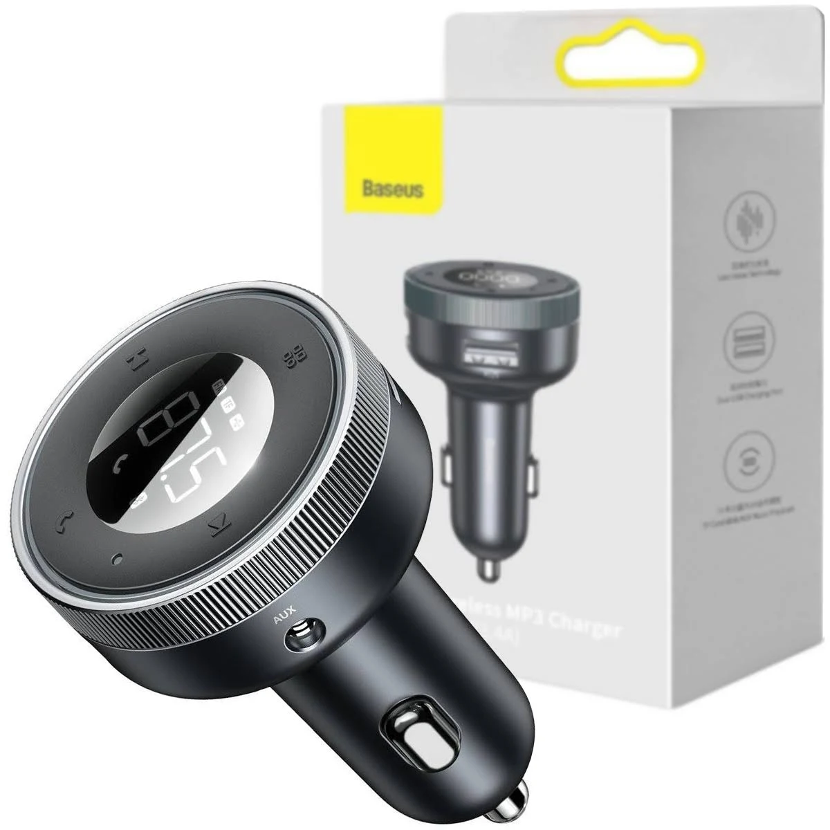 Czarna ładowarka samochodowa z ekranem i pudełkiem. Ładowarka ma srebrny pierścień.