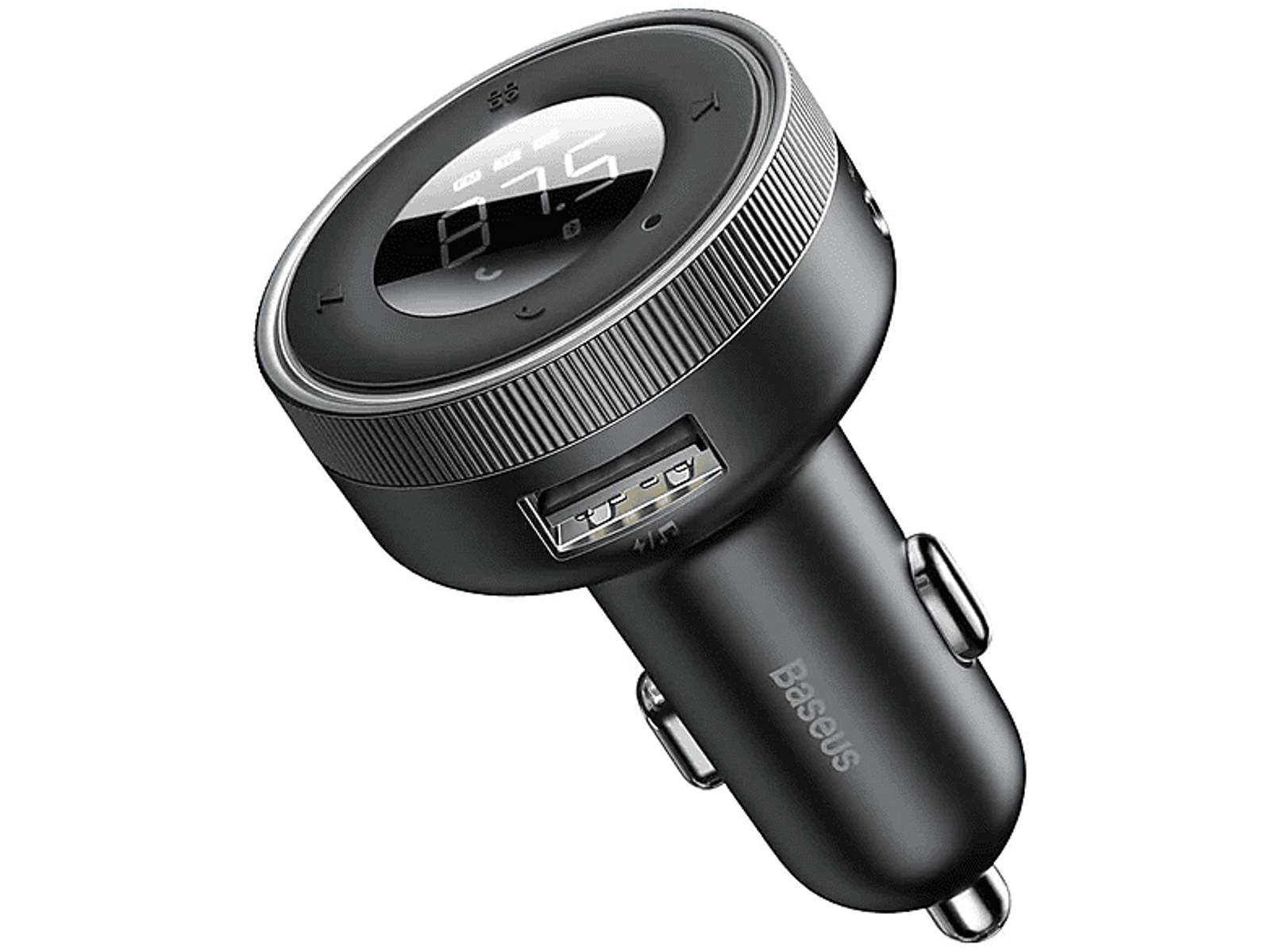 Czarna ładowarka samochodowa z wyświetlaczem cyfrowym i dwoma portami USB.