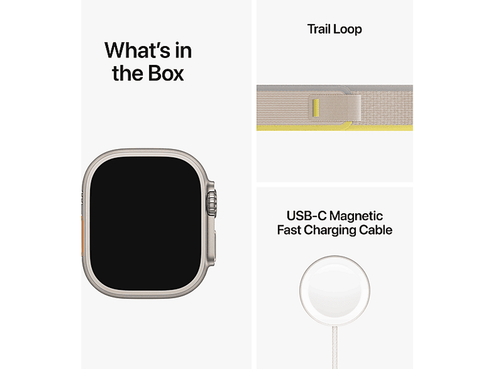 Apple Watch Ultra, Trail-Loop-Armband und Ladekabel, auf weißem Hintergrund. Text: Was ist in der Box.