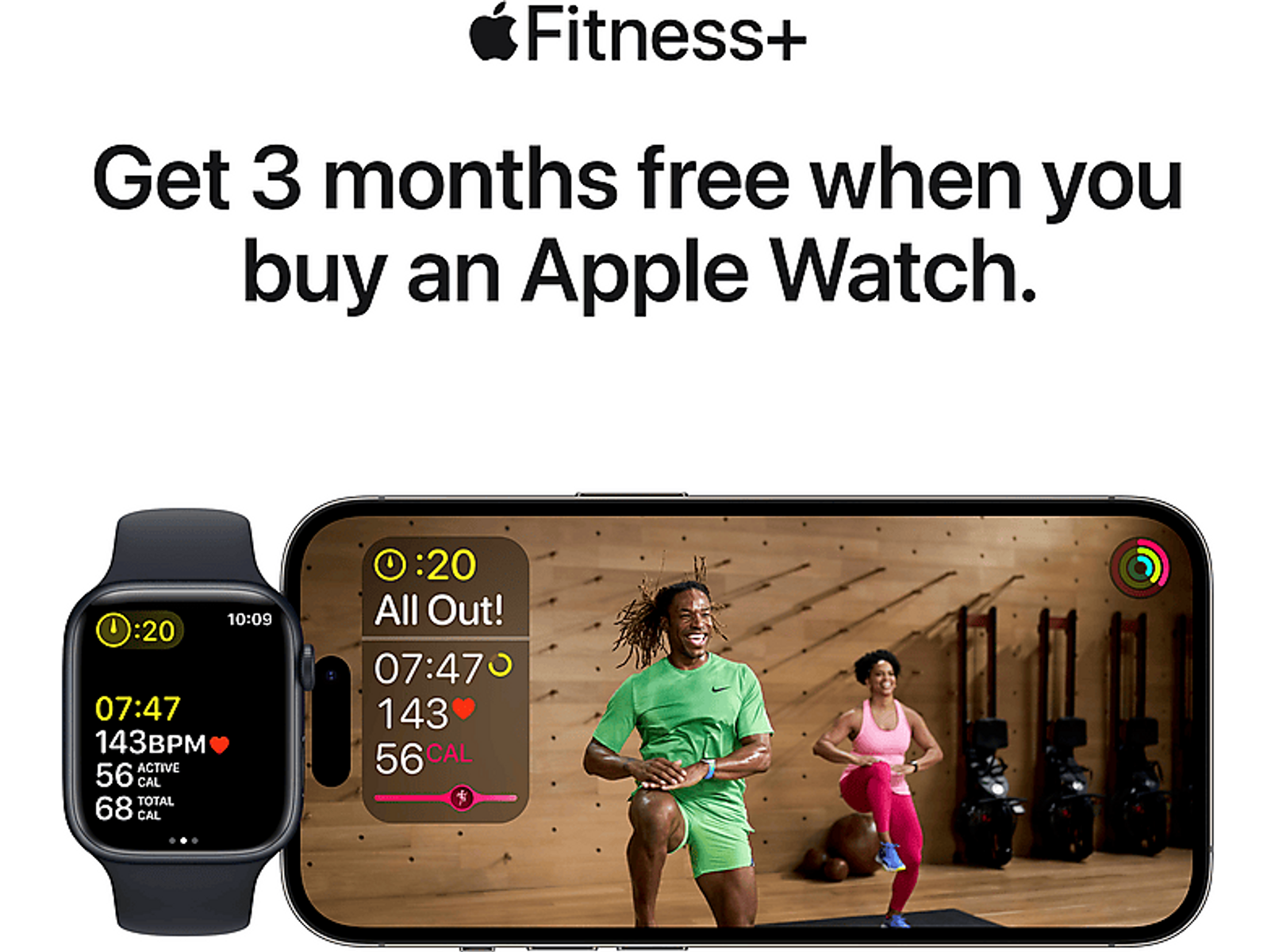 Apple Watch und iPhone mit Fitness+ App. Text: 3 Monate gratis beim Kauf.