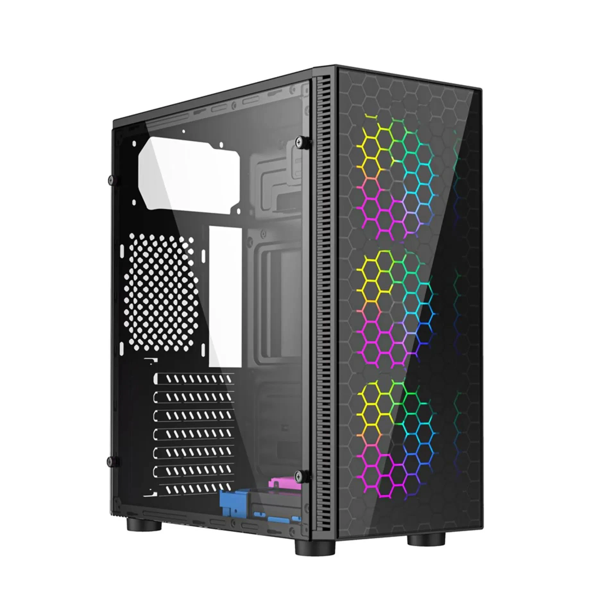 Case PC nero con pannello laterale in vetro. Ventole con motivo a nido d'ape e luci RGB.