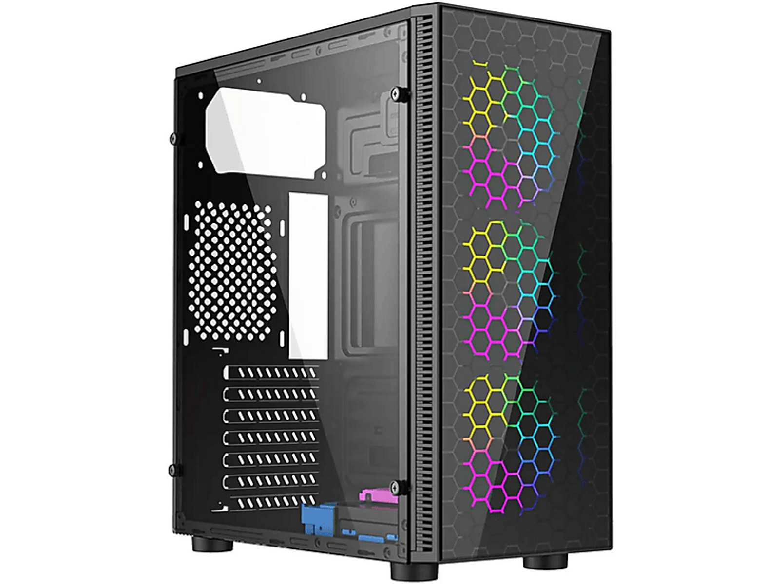 Un case per computer nero con pannello laterale in vetro e motivo a nido d'ape illuminato sul davanti.