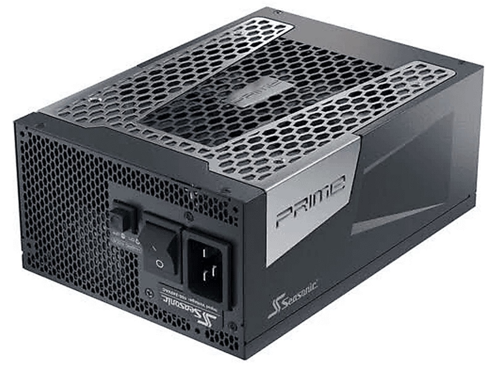 Zwarte computer voedingseenheid met een metalen rooster. Tekst: PRIME, Seasonic.